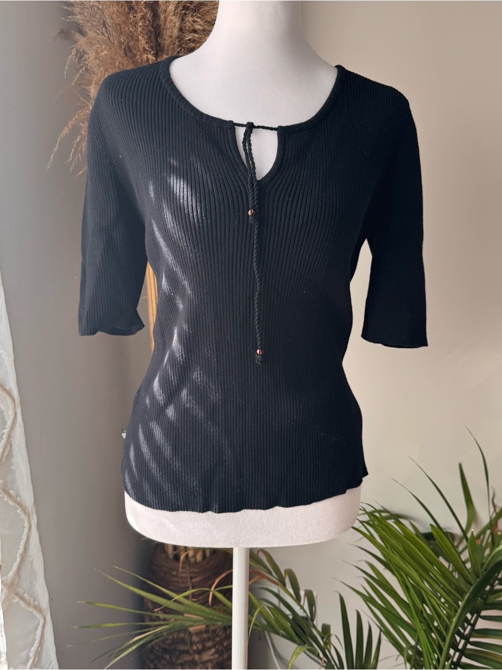 Lauren Ralph Lauren Black Ribbed Tie-Neck Short Sleeve Top